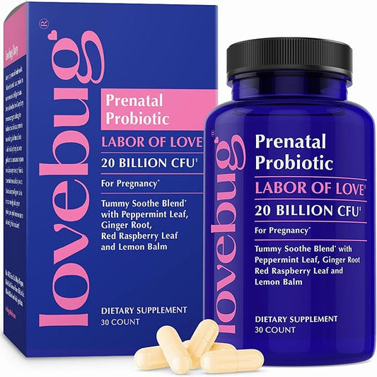 LOVEBUG Prenatal Probiotic Supplement - 7 Probiotics & Prenatal Vitamins for Women, 20 Billion CFU, with Soothing Peppermint, Ginger, Raspberry Leaf and Lemon Balm. 30 Capsules