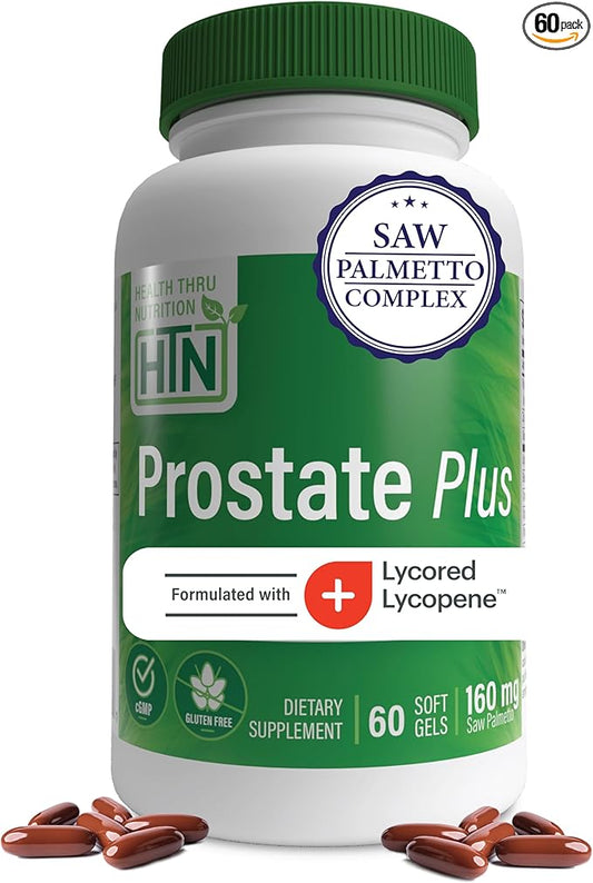 Health Thru Nutrition Prostate Plus with Saw Palmetto Extract, Lycopene as Lycored, Plant Sterols, Selenium, Zinc and Pumpkin Seed | Complete Prostate Support | Non-GMO & Gluten Free (Pack of 60)