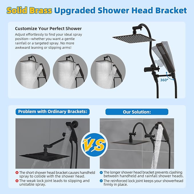 Hibbent All Metal Shower Head, 10'' High Pressure Rainfall Shower Head, Showerhead Combo, Handheld Shower Wand, 12'' Adjustable Curved Extension Arm, 71'' Hose, Shower Head Holder, Oil Rubbed Bronze