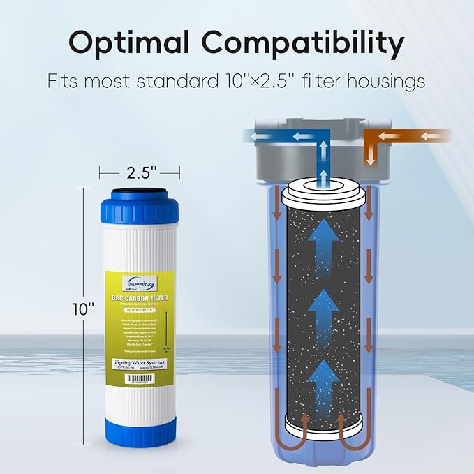 iSpring FG15 10"x2.5" Water Filter Replacement for Reverse Osmosis Water Filter System, GAC Granular Activated Carbon Filter Water Filter Cartridge Reduce PFAS