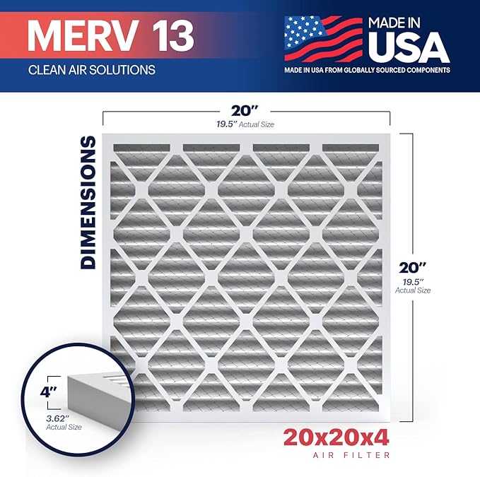 BNX TruFilter 20x20x4 (19.5’’ x 19.5’’ x 3.63‘’ Slim Fit) MERV 13 Air Filter (2-Pack) - MADE IN USA - Air Conditioner HVAC AC Furnace Filters Health, Allergies, Mold, Bacteria, Smoke, MPR 1900 FPR 10
