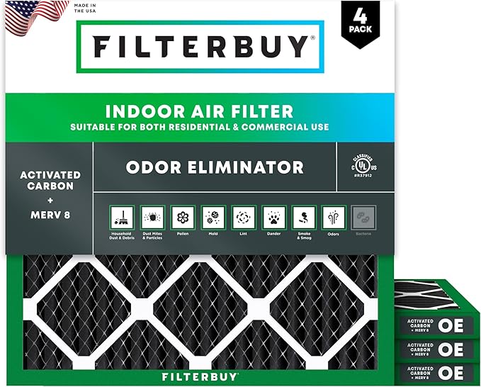 Filterbuy 24x24x1 Air Filter MERV 8 (MPR 700) Odor Eliminator Replacement (4-Pack), Electrostatic Pleated HVAC AC Furnace Filters w/Activated Carbon, Made in USA (Actual Size: 23.38 x 23.38 x 0.75)