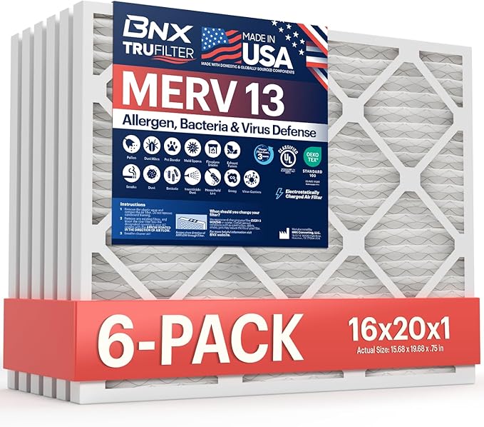 BNX TruFilter 16x20x1 Air Filter MERV 13 (6-Pack) - MADE IN USA - Electrostatic Pleated Air Conditioner HVAC AC Furnace Filters for Allergies, Pollen, Mold, Bacteria, Smoke, Allergen, MPR 1900 FPR 10