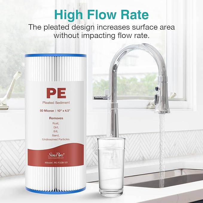 SimPure 10"x4.5" Pleated Sediment Water Filter, 50 Micron Whole House Water Filter Cartridge for Well Water Compatible with FXHSC, ECP20-BB, R50-BBSA, CB1-SED10-BB (4 Pack)