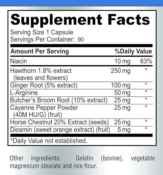 Blood Circulation Supplement - with Hawthorn, Butchers Broom, Horse Chestnut, Arginine, Diosmin, Varicose Veins Treatment, Circulation Support - 90 Capsules
