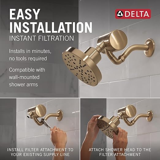 Delta Faucet 5-Setting H2Okinetic Shower Head Gold with Clarifi Premium Shower Filter Attachment with Filter