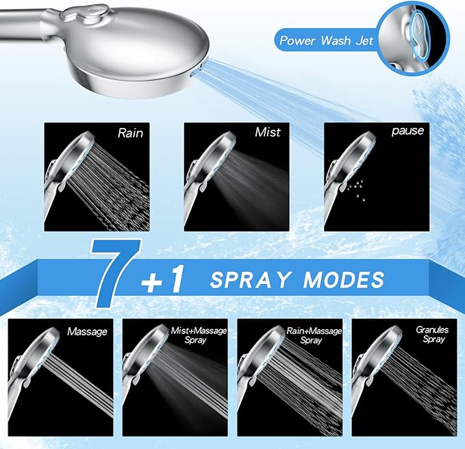 VXV 5 Inch Filtered Shower Head with Handheld, Removes Chlorine & Hard Water, High Pressure 8-Mode, Built in Power Wash, Showerhead with 71" Shower Hose & Shower Bracket(Chrome)