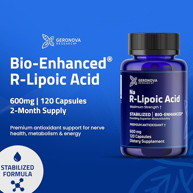 Bio-Enhanced R-Lipoic Acid, 600 mg Capsules - 2 Month Supply - Stabilized R Alpha Lipoic Acid with Enhanced Absorption - R Lipoic Acid Supplement - 120 Count