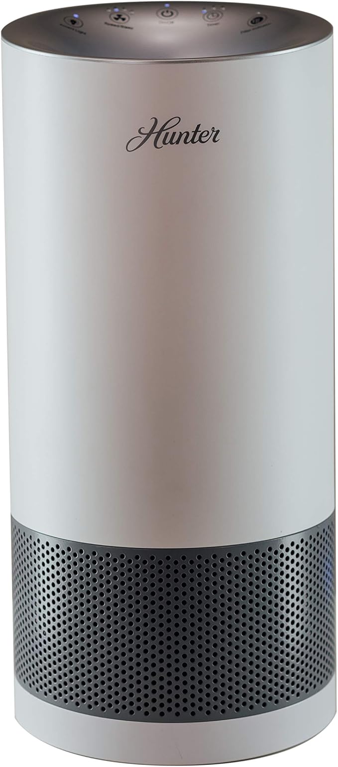 Hunter Fan Company HP400 Round Tower Air Purifier for Small Rooms, Featuring True HEPA Filtration and EcoSilver® Pre-Filter for Allergy and Asthma Relief, White and Silver
