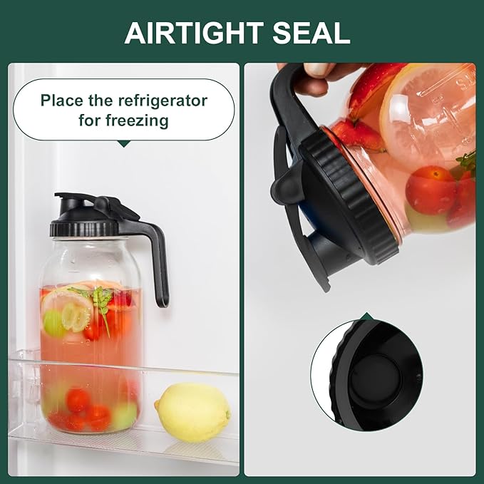 Glass Mason Jars Pitcher 64 Oz Pour Spout Lids & Handle (2 Pack) Wide Mouth Airtight Leak Proof Fridge Breast Milk Pitcher With Top Flip Cap 2 Quart Water Jug For Cold Brew Coffee, Iced Tea,