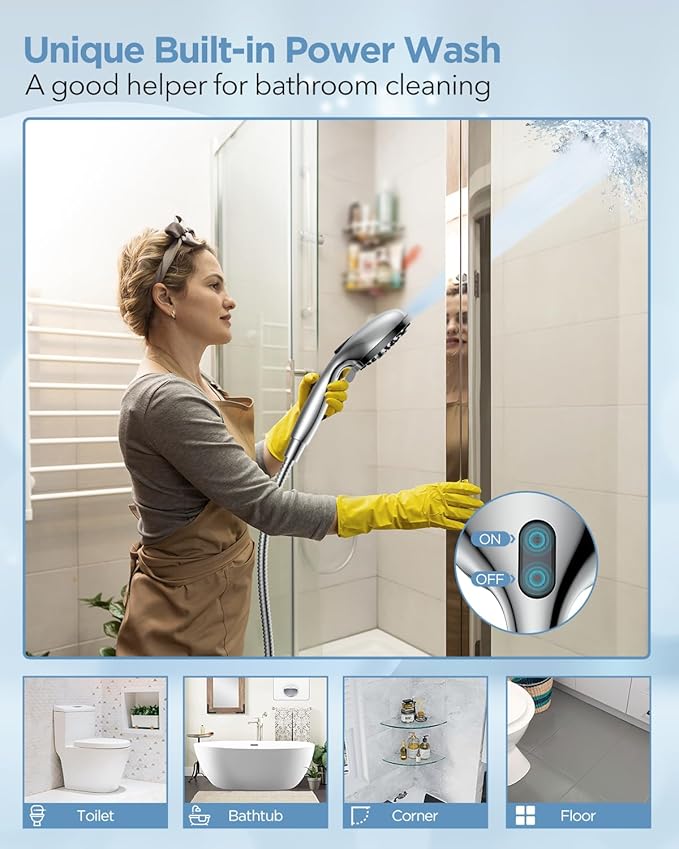 Dual Handheld Shower Head Combo, 2-in-1 Rain Shower Heads System Wide Rainfall Shower Head and 10 Modes High Pressure Hand Held Showerhead with Built-in Power Wash - Chrome