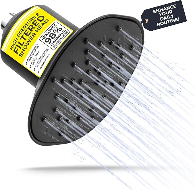Afina Shower Filter - High Pressure Filtered Shower Head with Advanced Water Filtration - Improves Skin & Hair by Reducing Chlorine & Heavy Metals from Hard Water - Easy Installation (Black)