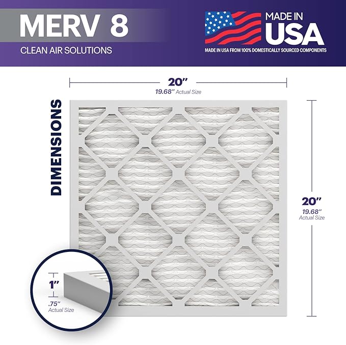 BNX TruFilter 20x20x1 Air Filter MERV 8 (6-Pack) - MADE IN USA – Dust & Pet Defense Electrostatic Pleated Air Conditioner HVAC AC Furnace Filters for Dust, Pet, Mold, Pollen MPR 600 – 700 & FPR 5
