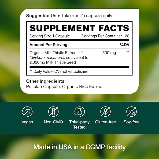 item_name - Fresh Nutrition Organic Milk Thistle Supplement - 500mg Potent Strength – 4 Month Supply – Silymarin Thistle Seed Standardized Extract 4:1 - Made in The USA - 120 Capsules