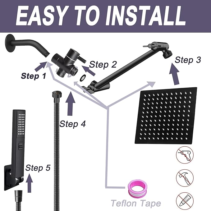 12" High Pressure Square Rain Shower Head and 2-in-1 Hand Shower, Rainfall Showerhead with 13" Shower Arm, Equipped with 78" Hose, Adhesive Shower Head Holder (Square Shower Head Set Black)