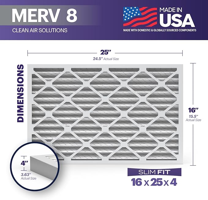 BNX TruFilter 16x25x4 (15.5’’ x 24.5’’ x 3.63‘’ Slim Fit) MERV 8 Air Filter 2-Pack - MADE IN USA - Air Conditioner Furnace Filters HVAC AC Furnace Filters for Dust, Pet, Mold, Pollen MPR 600-700 FPR 5