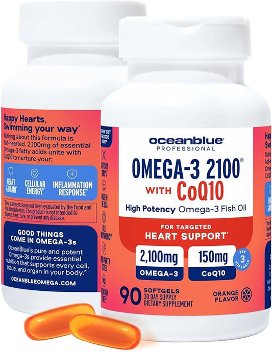 Oceanblue Professional Omega-3 2100 with CoQ10 – 90 ct – 2 Pack – Triple Strength Fish Oil Supplement with High-Potency EPA and DHA, and CoQ10 – Orange Flavor (60 Servings)
