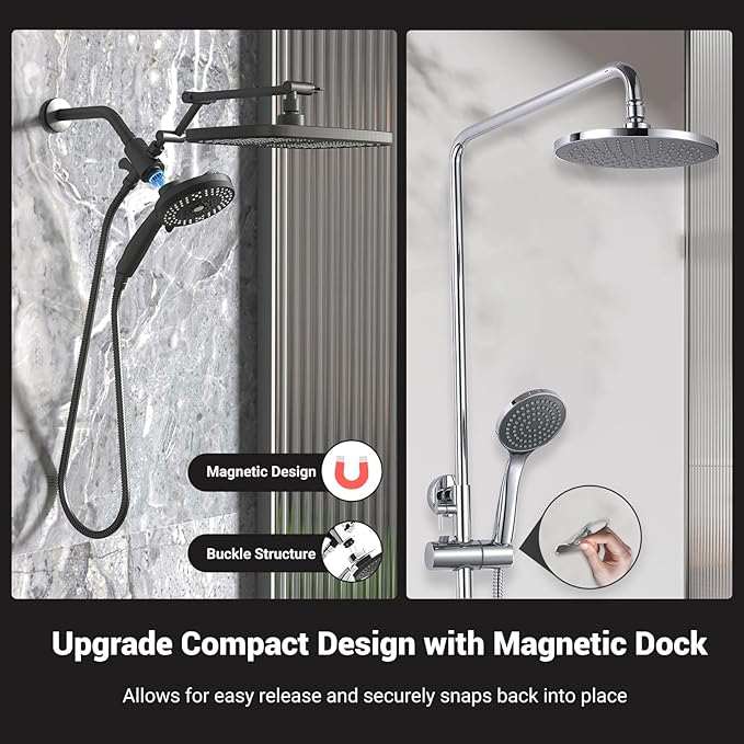 High Pressure Rain Shower Head with Handheld Spray Combo,10 Sprays Handheld Shower Head, Detachable Shower head Built-in Magnetic Docking and Power Jets (Black)