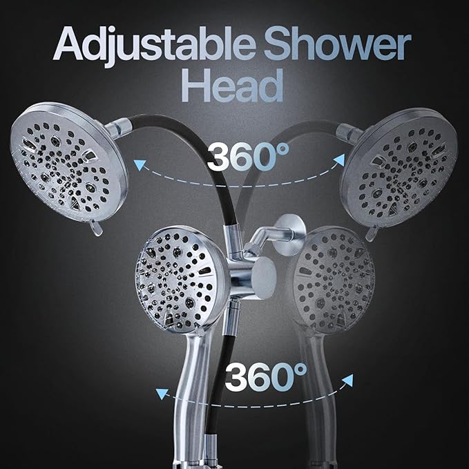 AQUAZEN® Dual Shower Head Combo | Adjustable Rainfall + Handheld Shower | 6 Spray Modes Each | Flexible Mount & Swivel Heads | 5ft Stainless Steel Hose | Premium Nickel Finish | Fits All US Showers