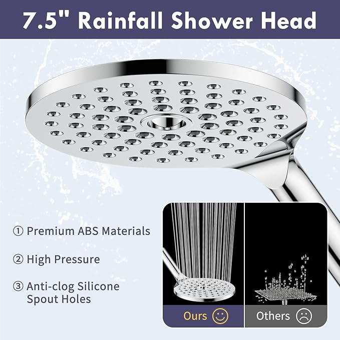 Modern Dual Shower Head with Handheld Spray, 7.5" Rainfall Shower Head, 9 Modes Hand Showerhead, 78" Hose, Chrome