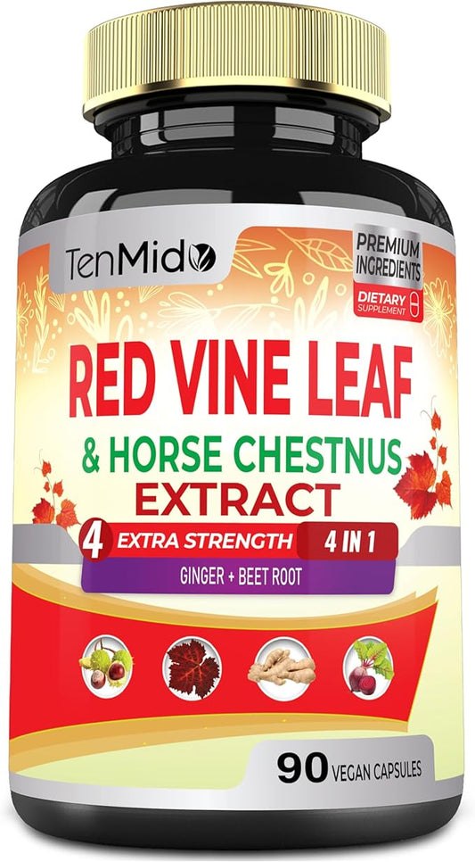 Red Vine Leaf Extract Capsules - with Horse Chestnut, Beet Root, Ginger - Herbal Supplement for Heart, Leg Vein & Energy - 90 Vegan Capsules for 45 Days