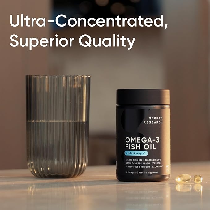 Sports Research Triple Strength Omega 3 Fish Oil Supplement - EPA & DHA Fatty Acids from Wild Alaskan Pollock - Heart, Brain & Immune Support for Adults, Men & Women - 1250 mg Capsules (30 ct)