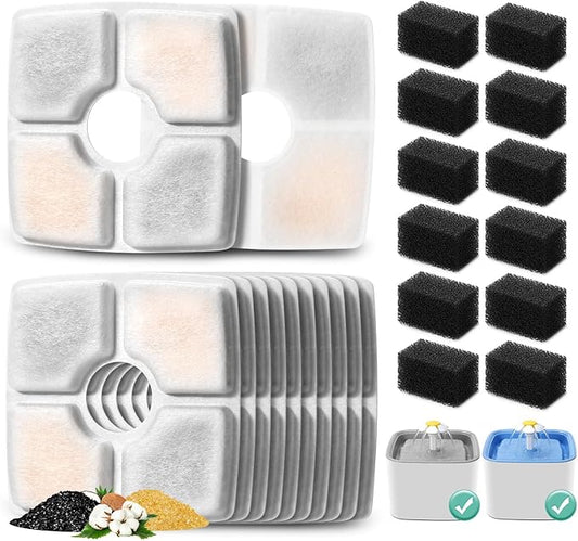 12 Pack Replacement Filters & 12 Pack Pre-filter Sponges for 84oz/2.5L Automatic Pet Fountain, BFLICROY Cat Water Fountain Filter, Triple Filtration Pet Fountain Replacement Filters