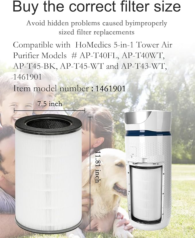 2 Pack AP-T45 AP-40FT Filters Replacement,True HEPA Filter Compatible with Homedics Total Clean 5-in-1 Air Cleaner Purifier AP-T40FL,AP-T40WT,AP-T40WTAR,AP-T45,AP-T45-BK,AP-T45-WT,Part #1461901