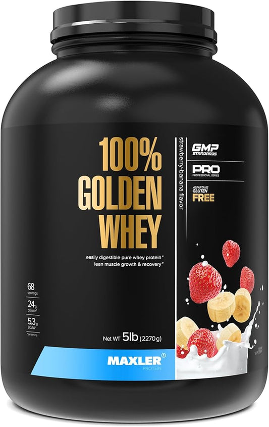 Maxler 100% Golden Whey Protein - 24g of Protein per Serving - Premium Whey Protein Powder for Pre Post Workout - Fast-Absorbing Whey Concentrate, Isolate & Hydrolysate Blend - Strawberry Banana 5 lb