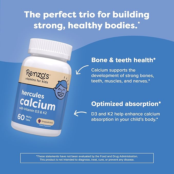 Renzo's Hercules Calcium Supplement with Vitamin D3 and K2, Dissolvable, for Ages 2+, Kids Vitamins, 60 Grape-Flavored Melty Tabs