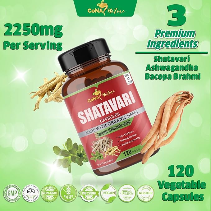 Organic Shatavari Powder Capsules 2250MG with Ashwagandha, Brahmi Extract | Support Women Health, 120 Vegan Capsules