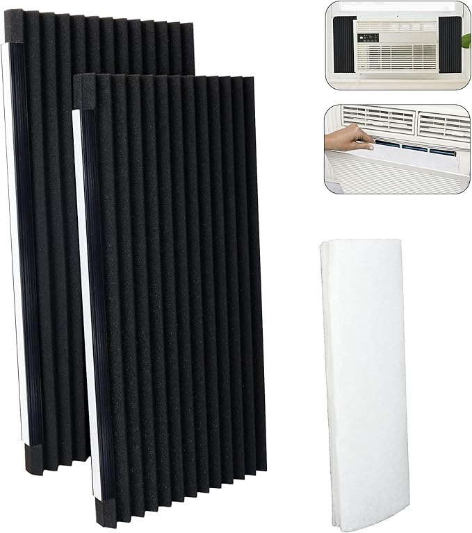 GCGOODS Window Air Conditioner Foam Insulating Panels with Window A/C Filter, 17" H x 9" W x 7/8" T, Pack of 2 Window AC Side Insulation Panels, Black