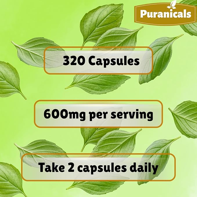 Holy Basil Premium 320 Capsules Non GMO and Gluten Free | Herbal Supplement | 600 mg Per Serving | Made with 100% Pure Herb Holy Basil Leaf