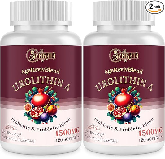 Urolithin A Supplement 1500mg – Advanced Urolithin Formula with Probiotic & Prebiotic Complex and 30% Pomegranate Extract – for Energy, Mitochondrial & Antioxidants – 120 Softgels (2 Bottles)