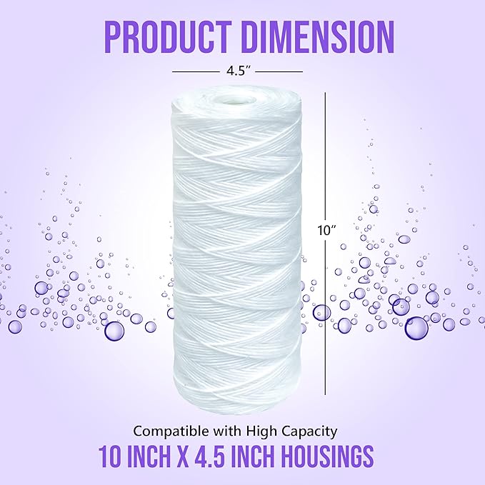 High Capacity Wound String 5 Micron Sediment Water Filter Cartridge 10” x 4.5” Removes Sand, Dirt, Silt, Rust, Extended Filter Life Compatible with 355215-45, 84637, PC10, WP1097P, WPX597P (20 Pack)