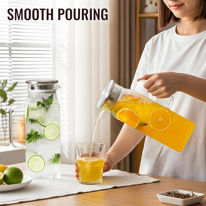 2 Pack 2 Liter/68 oz Square Glass Pitcher with Lid, Classic Stripes Water Pitchers with Handle for Fridge, Large Jug for Iced Tea, Coffee, Borosilicate Glass Carafe for Hot/Cold Brew Drink, Silver