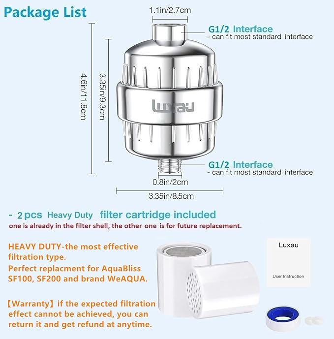 Heavy Duty Shower Filter, Chlorine Hard Water Filter Softener Purifier, with 2 Filter Cartridges, Fits Universal Handheld Shower Head Fixed Rainfall Bath Fixture, Chrome