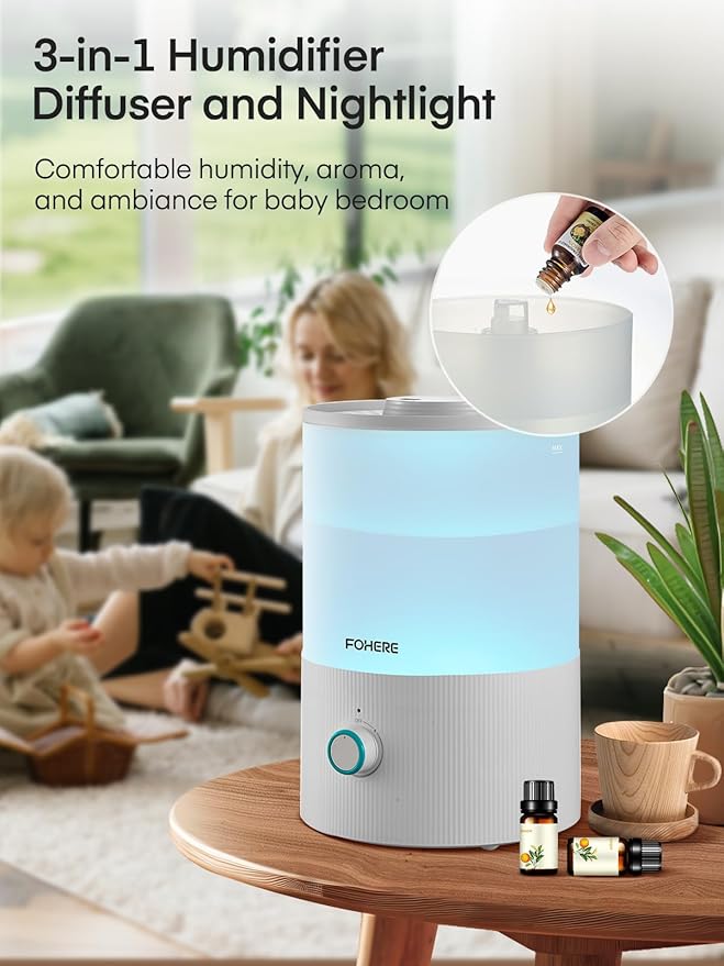 FOHERE Humidifiers for Bedroom, 3.2L Top Fill Cool Mist Ultrasonic Humidifier for Baby Rooms and Plants, 2-IN-1 Essential Oil Diffuser with 7-color Light and Auto Shut-off, BPA-Free, Quiet, White