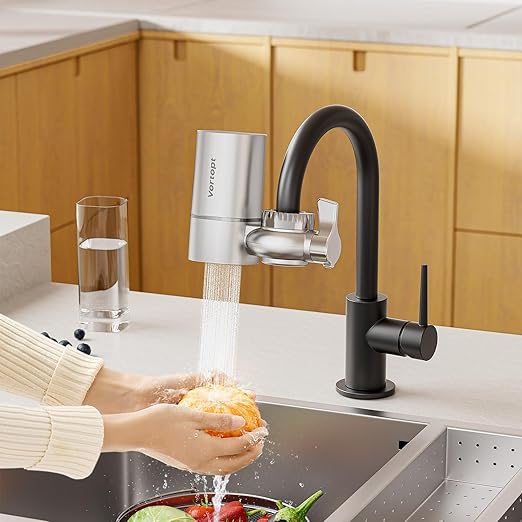 Faucet Filter, NSF Certified, 400 Gallon High Efficiency Water Purification System, Fast 99% Chlorine & Odor Removal, Modern Simple Silver with 1 Water Filter（T1-Silver）