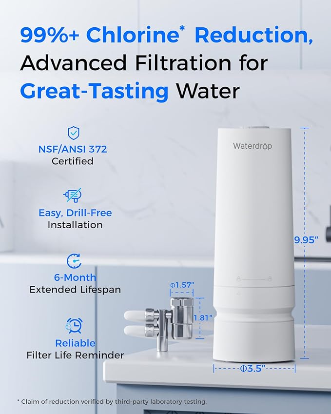 Waterdrop Water Filter for Sink Faucet, 4000 Gallons Countertop Water Filter System and Filter Life Reminder, Reduces Heavy Metals, Bad Odor, and 99% Chlorine, WD-CTF-06 (1 Filter)