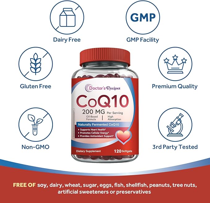 Doctor's Recipes CoQ10 200mg Per Serving, High Absorption Coenzyme Q10 Supplement with Olive Oil, Heart & Vascular Health, Energy Production & Antioxidant Support, 2 Month Supply, 120 Softgels