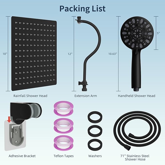Hibbent All Metal High Pressure Rainfall 10 Inch Shower Head/Handheld Showerhead Combo/ 12 Inch Adjustable Curved Shower Extension Arm, 10-Spray, 71-inch Hose, Adhesive Showerhead Holder, Matte Black