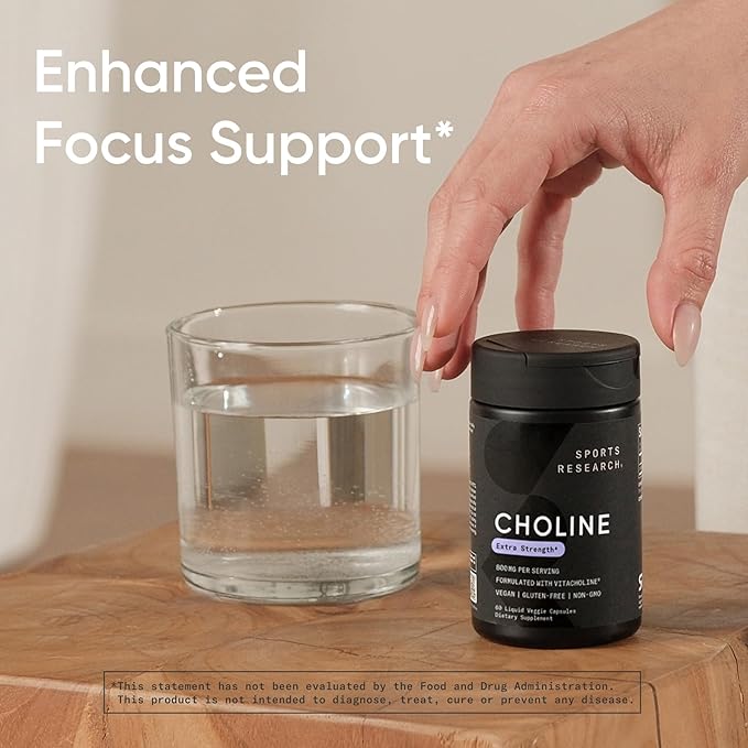 Sports Research® Extra Strength Choline 800 mg - Essential Nutrient Featuring VitaCholine® for Focus Support - Vegan Certified · Non-GMO · Gluten Free - 60 Liquid Capsules