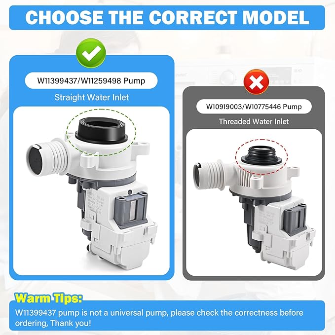 W11399437 W11259498 Washer Drain Pump B25-3A04 Compatible with Whirlpool Kenmore Maytag Crosley Washing Machine Drain Pump Replacement Parts 4961028 AP6974144 PS12731241 EAP12731241