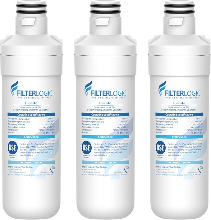 Filterlogic LT1000PC ADQ747935 MDJ64844601 Refrigerator Water Filter, Replacement for LG® LT1000P®/PC/PCS, LFXS26596S, LFXS28596S, LFXC22526S, ADQ74793501, ADQ74793502, Kenmore 46-9980, 3 Filters
