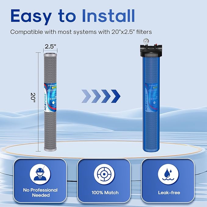 ICEPURE 20" x 2.5" Whole House Water Filter Upgraded Coconut Shell Activated Carbon Filter, 20 Inch Lead Removal Cartridge Replacement for C1-20, EP-20, HX-CB-25-2010, F3WCB32, 1PACK