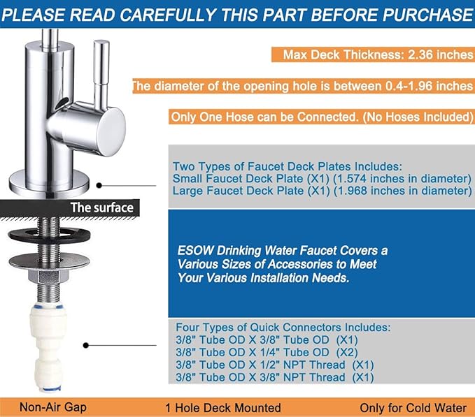 ESOW Kitchen Water Filter Faucet, 100% Lead-Free Drinking Water Faucet Fits Most Reverse Osmosis Units or Water Filtration System in Non-Air Gap, Stainless Steel 304 Body Polished Chrome Finish