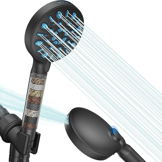 VXV Filtered Shower Head, 8 Modes High Pressure Shower Head with Handheld, 5" Showerhead Built in Power Wash for Clean, Remove Chlorine & Hard Water, with 71" Shower Hose & Shower Bracket(Matte Black)