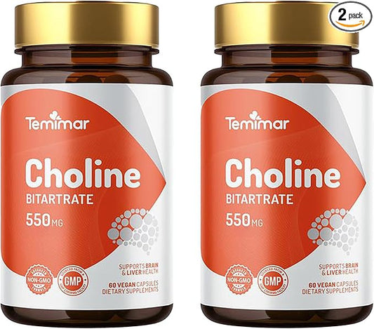 Choline Supplements, Supports Liver & Brain Health, High Absorption Choline Bitartrate 550mg, Non-GMO, Gluten-Free, Made in USA, 120 Vegan Capsules