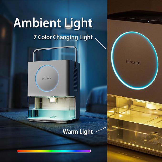 SOICARE 108 OZ (3.2L) Home Dehumidifier, Small Portable Room Dehumidifier for Bedroom Bathroom Basement RV Closet with HEPA Filter/Ambient Lights/Timer/Auto Off/Defrosting Function, White